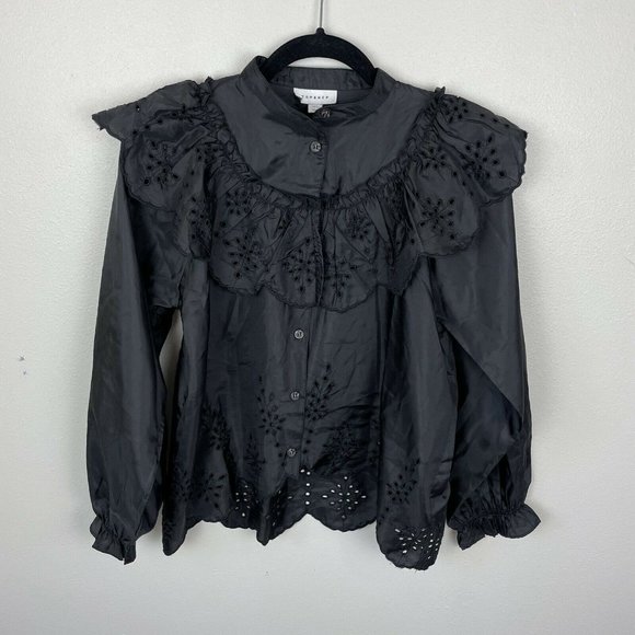 Topshop Frill Ruffle Eyelet Cutout Long Sleeve Button Up Top US Size 4 Black - Picture 1 of 6